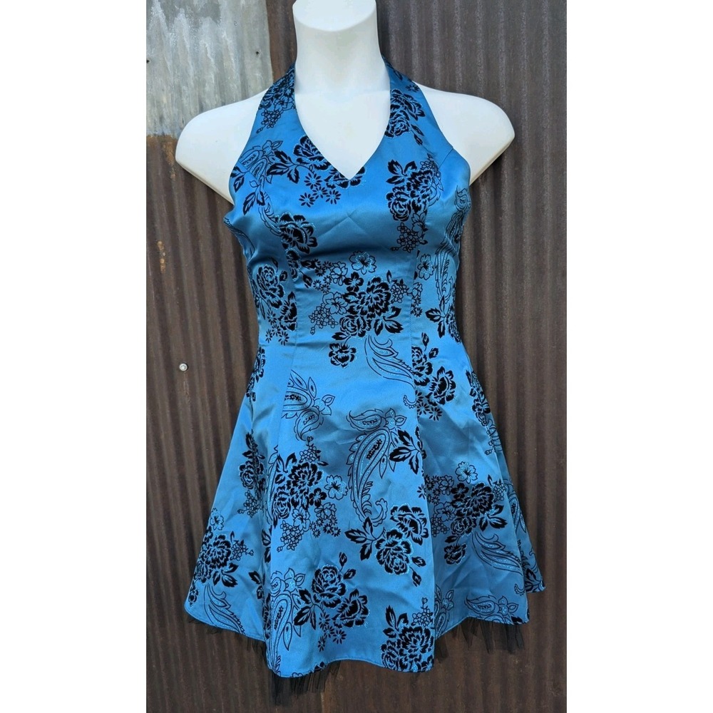 Vintage Y2K Teal Halter Dress Size 7 Tulle Whimsigoth Fairy Grunge Glitter Prom